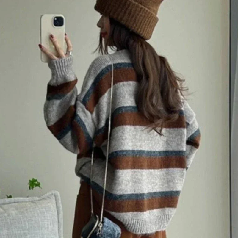 Street Fashion Korean Girl - Striped Baggy Cardigan Women Knitted Vintage