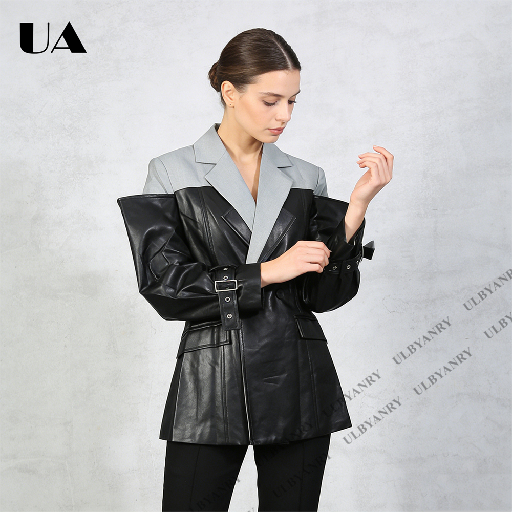 Street Fashion Week - ULBYANRY Colorblock Faux Leather Blazer with
