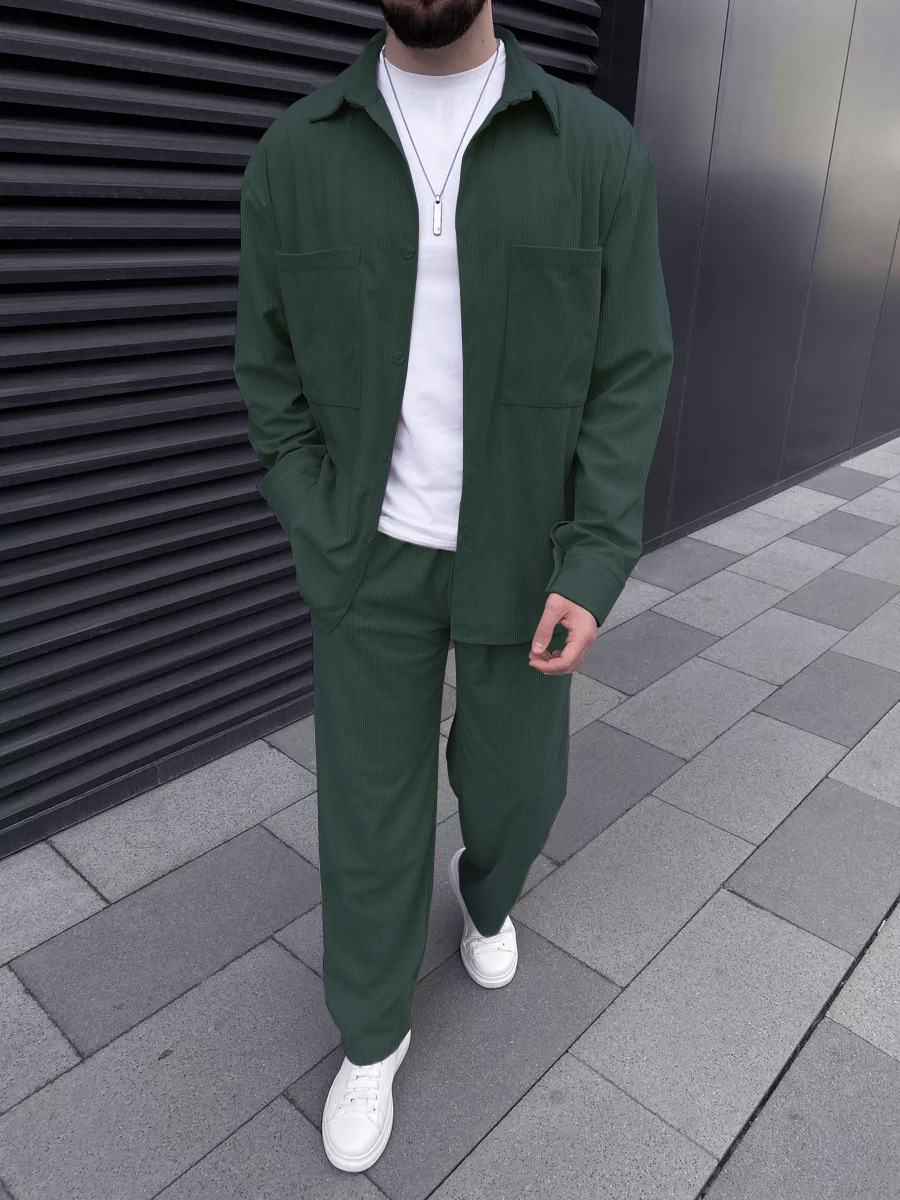 Street Fashion Style - Men's corduroy two-piece outfit: long-sleeved button-down