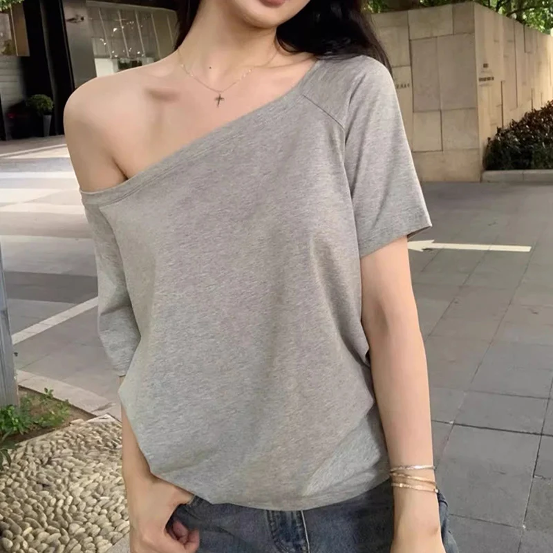 Street Fashion Korean Girl - Summer Female T-shirts Off Shoulder T-shirts