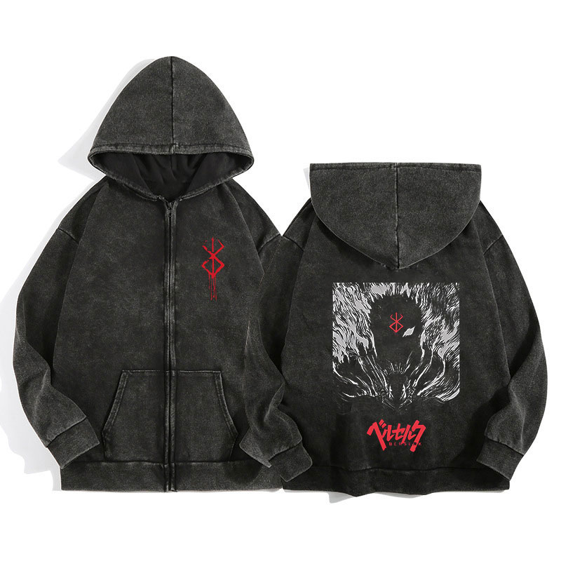 Graphic Hoodie Streetwear - Anime Berserk Wash Zip Up Hoodie