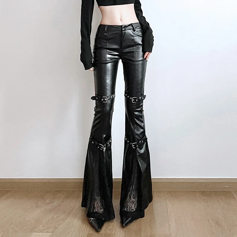 Street Fashion Female - Women's PU Leather Flare Pants, Gothic