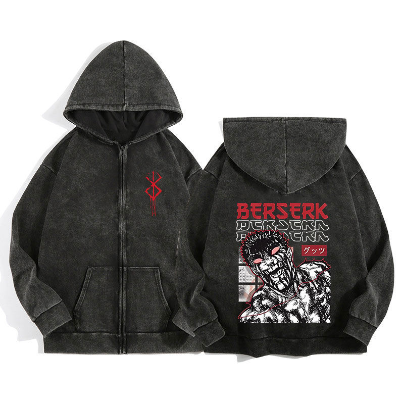 Anime Berserk Wash Zip Up Hood - Graphic Hoodie Streetwear 评论和价格