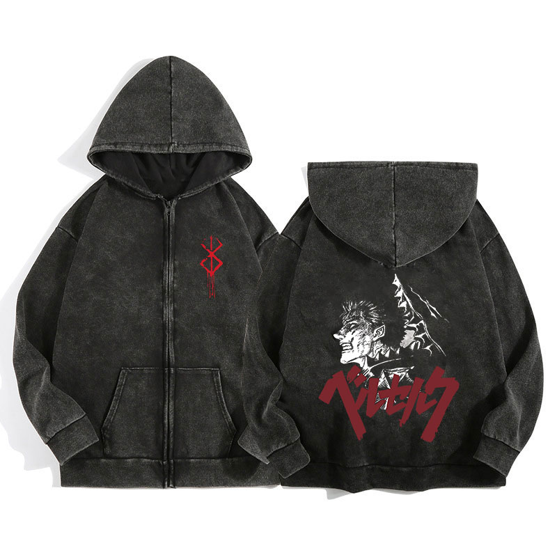 Anime Berserk Wash Zip Up Hood - Graphic Hoodie Streetwear 评论和价格